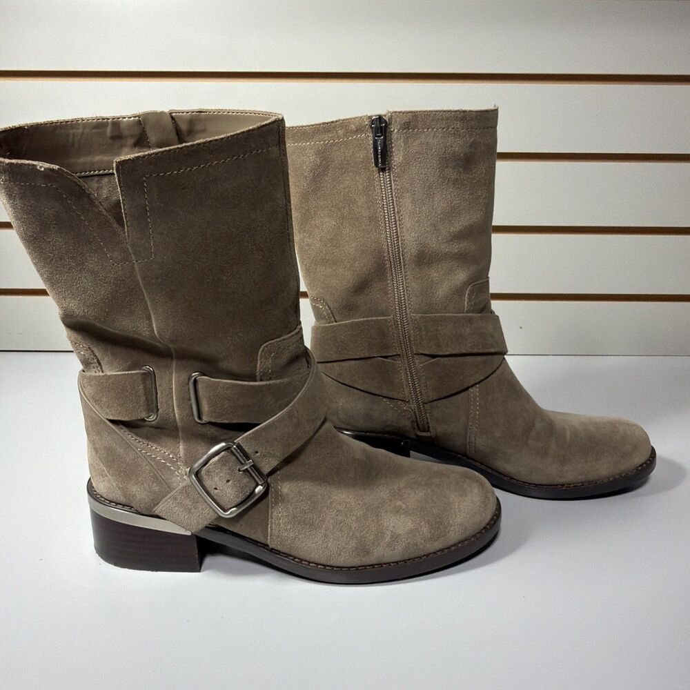 Vince Camuto Wethima Mid Calf Suede Moto Boot Taupe Brown Size 8.5 Side Zipper
